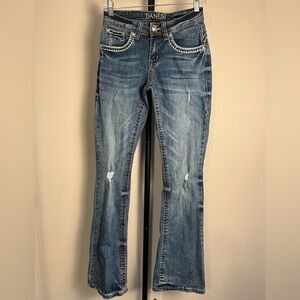 Danesi Bling Thick Stitch Embroidery Wing Cross Western Boot Cut Blue Jeans Sz 3